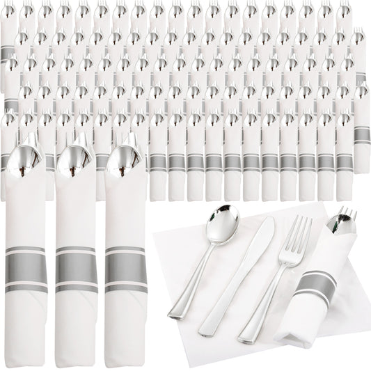 Silver Plastic Silverware,Rolled Plastic Silverware,Pre Rolled Napkins with Plastic Cutlery Set,Wrapped Plastic Cutlery Set with Napkin,Silverware Set Disposable Dinnerware Set 120 Guests