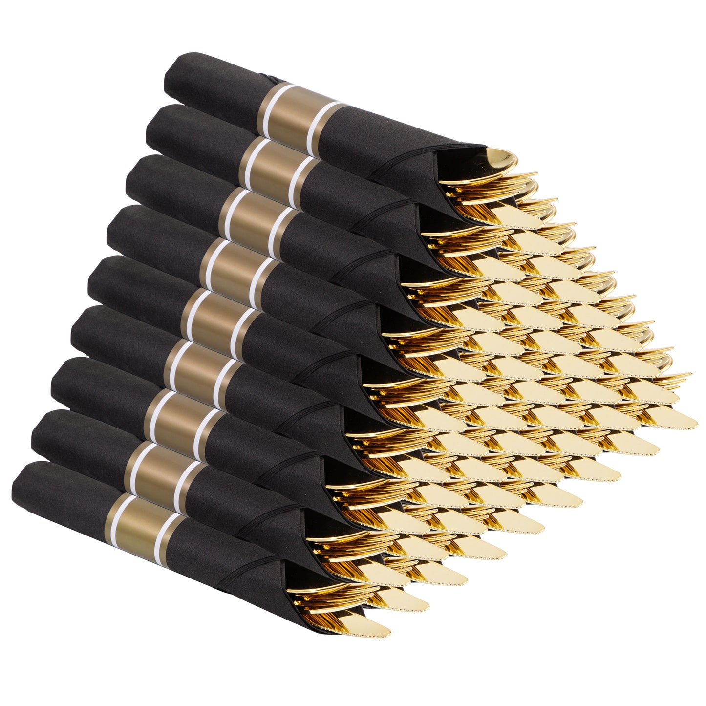 60 Pack Gold Plastic Silverware,Rolled Plastic Silverware,Pre Wrapped Gold Silverware with Black Napkins,Heavy Duty Plastic Cutlery,Plastic Forks and Spoons,Rolled Gold Plastic Cutlery