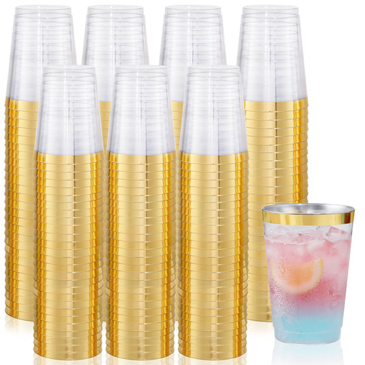 200pcs Gold Plastic Cups,Hard Plastic 10oz Party Cups,Disposable Cups for Picnics, Barbecues, Camping Trips, and Beach Parties,Weddings