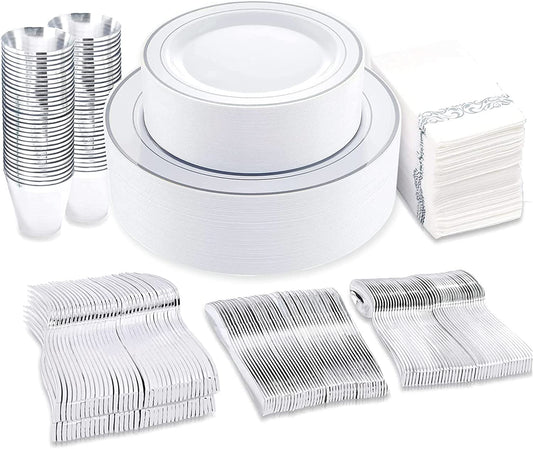 400pcs Silver Plastic Dinnerware Set,Silver and White Plastic Plates, Silver Plates Disposable for Party Wedding Plates,Silver Plastic Cutlery,Silver Cups Suit for Holiday Party Birthday