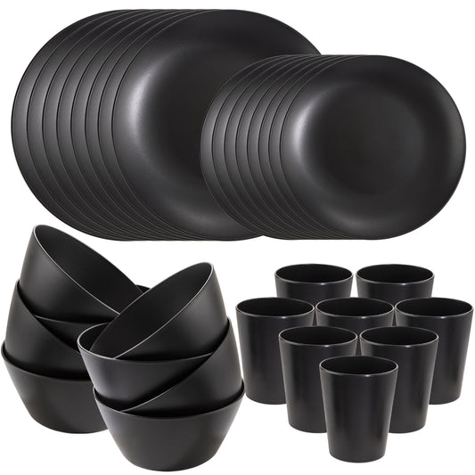 32pcs Black Wheat Straw Dinnerware Sets with 25pcs Linen Napkins,Plates and Bowls Sets for 8,Black Plastic Dinnerware Sets, Microwave Dishwasher Safe Plates, Dishes Set for 8 for Halloween