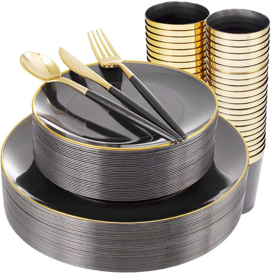 180pcs Black Plastic Dinnerware Set,Black Plastic Plates,Clear Plastic Plates with Gold Rim,Gold Plastic Silverware,Black Clear Gold Cups for Halloween
