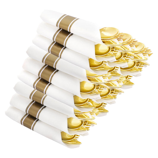 60 Pack Gold Plastic Silverware,Pre Rolled Silverware Set Disposable,Plastic Silverware Set for Parties,Plastic Utensils Heavy Duty include Linen Napkins,For Party and Weddings
