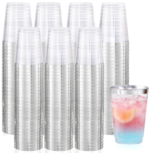 200pcs 10oz Silver Plastic Cups,Disposable Plastic Cups,Silver Rimmed Plastic Cups for Wedding, Halloween,Thanksgiving Day, Christmas Party Cocktails Tumblers