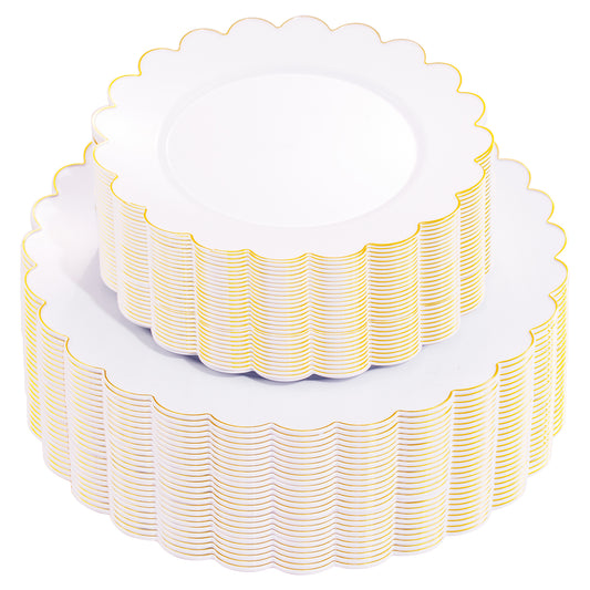 100PCS Gold Plastic Plates -White and Gold Disposable Plates for Party/Wedding -Include 50PCS 10.25inch Gold Dinner Plates,50PCS 7.5inch Gold Dessert/Salad Plates,Thanksgiving Plastic Plates