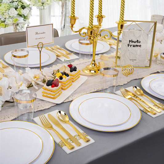 350PCS Gold Plastic Plates,White and Gold Plastic Dinnerware Set,White Plastic Plates with Gold Rim,include 100 Plastic Plates, 150 Gold Plastic Silverware, 50 Cups, 50 Napkins for Wedding