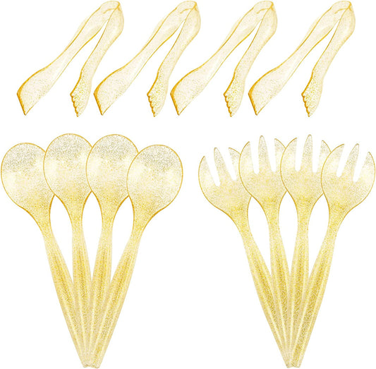 72 pcs Plastic Serving Utensils,Gold Plastic Silverware,24 pcs 10" Plastic Serving Spoons,24 pcs 10" Plastic Serving Forks,24pcs 6.3" Plastic Serving Tongs,Perfect for Birthday,Party,Wedding