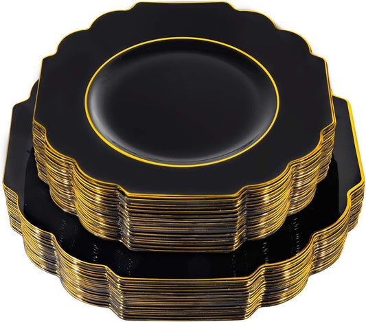 60pcs Black Plastic Plates,Black and Gold Plates Baroque,Gold Plates Plastic,Include 30 Plastic Dinner Plates,30 Appetizer Plates,Suit For Party, Birthday, Wedding, Easter and Monther's Day