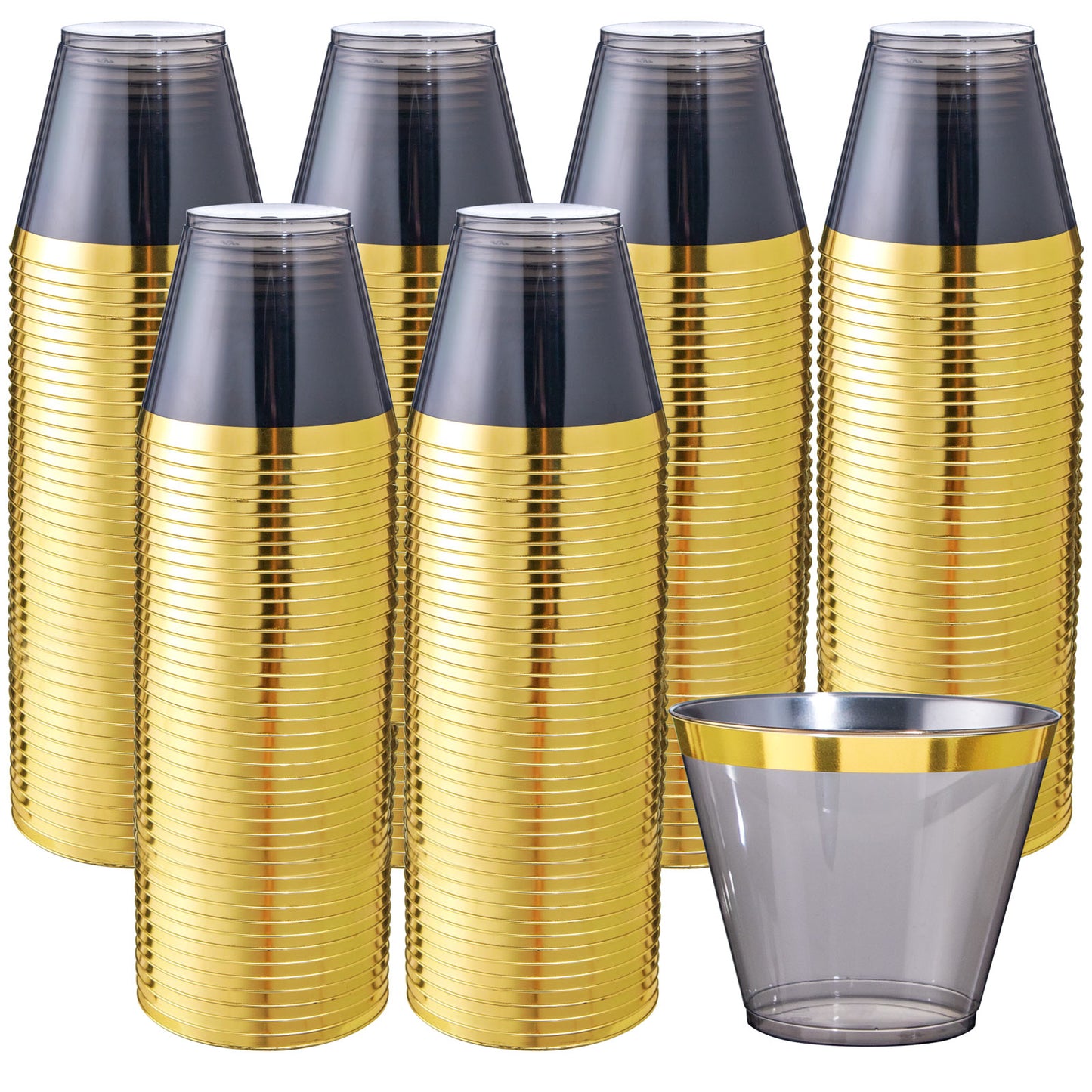 100pcs Gold and Black Plastic Cups 9OZ Elegant Gold Rimmed Plastic Cups Clear Party Cups Fancy Disposable Wedding Cups for Family Gatherings, Afternoon Tea, Parties