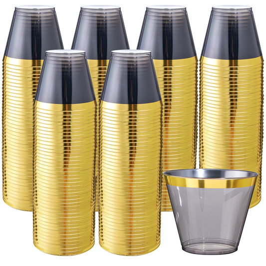 100pcs Gold and Black Plastic Cups 9OZ Elegant Gold Rimmed Plastic Cups Clear Party Cups Fancy Disposable Wedding Cups for Family Gatherings, Afternoon Tea, Parties
