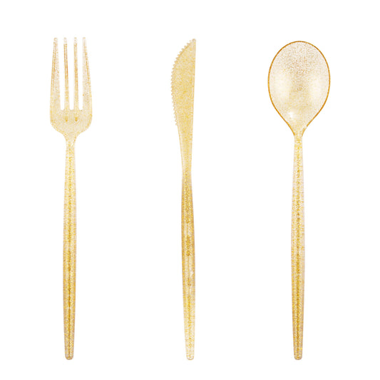 180pcs Gold Plastic Silverware Durable Plastic Silverware Gold Glitter Color Party Plastic Cutlery Gold Plastic Flatware Include 60 Forks,60 Knvies,60 Spoons for Wedding,Birthday Monther's