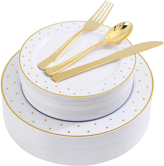200pcs Gold Plastic Plates,Disposable Plates For Parties,Disposable Gold Plastic Silverware 40 Dinner Plates,40 Salald Plates,40 Knives,40 Forks,40 Spoons,Perfect for Birthday,Party,Wedding