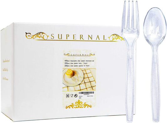 Plastic Silverware 400pcs Disposable Clear Plastic Silverware Crystal Plastic Cutery Plastic forks and Spoons 200 forks and 200 spoons