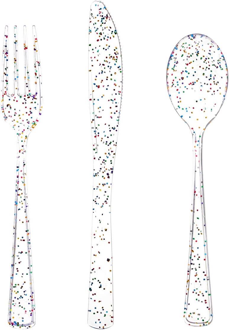 360pcs Clear Plastic Silverware, Glitter Disposable Cutlery with Colorful Design,120 Forks,120 Knives,120 Spoons,Perfect for Parties Birthday