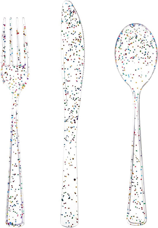 360pcs Clear Plastic Silverware, Glitter Disposable Cutlery with Colorful Design,120 Forks,120 Knives,120 Spoons,Perfect for Parties Birthday
