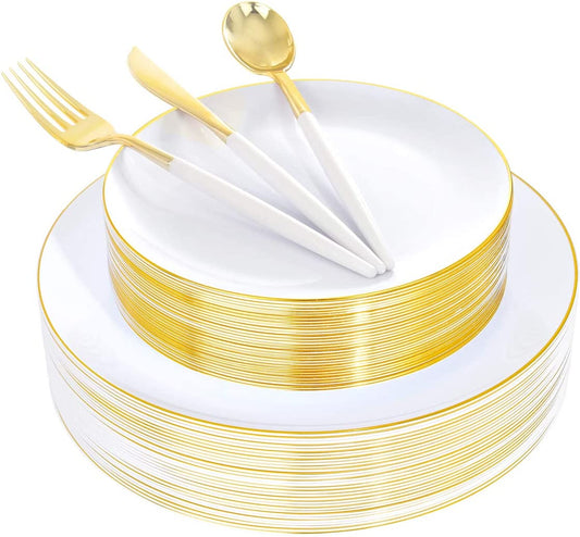 150pcs White and Gold Plastic Plates,Gold Plastic Silverware,Gold Plastic Dinnerware Set Includes 60 Gold Plates,30 Forks,30 Knives,30 Spoons For Weddings Celebrations and Parties