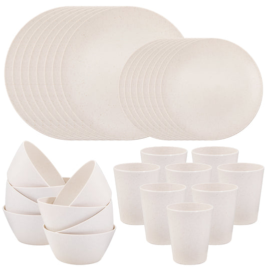 32pcs Wheat Straw Dinnerware Sets with 25pcs Gold Napkins,Plates and Bowls Sets,Beige Plastic Dinnerware Sets Dish Set for 8,Microwave Dishwasher Safe Plates for Halloween Thanksgiving