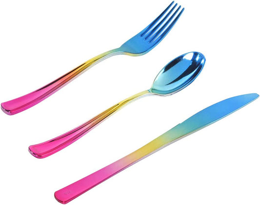 120pcs Rainbow Silverware Set,Rainbow Plastic Silverware,Rainbow Plastic Cutlery,Colorful Silverware Set,Rainbow Utensils,Rainbow Flatware,40 Forks,40 Knives and 40 Spoons for Trolls Party