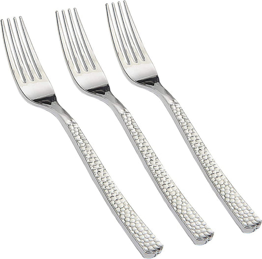 300pcs Silver Plastic Forks,Premium Disposable Forks Polished,Special Hammered Design,Perfect for Big Party,Wedding and Any Catering Events,Perfect for Birthday,Party,Wedding