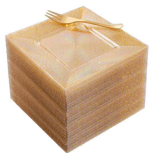 200Pcs 6" Dessert Plates Gold Glitter with Gold Plastic Forks 5.7",Plastic Square Plates for 100 Guests,Party Plastic Salad Plates Appetizer Square Plates Suit for Party, Wedding, Birthday