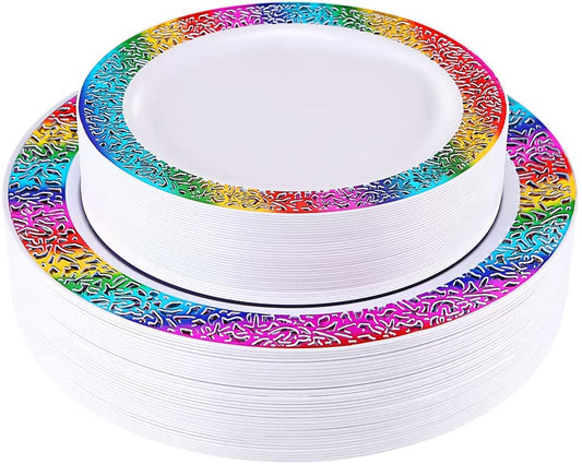 60pcs Gold Plastic Plates,Disposable Lace Plates,Rainbow Plastic Plates,Tie-dye Plates,Birthday Party Plates Include 30 Dinner Plates,30 Salad Plates,Perfect for Birthday,Party,Wedding