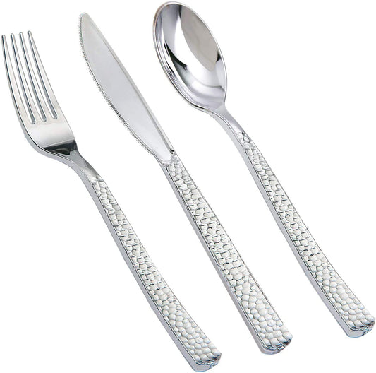 180 pieces Silver Plastic Silverware,Disposable Plastic Silverware,Party Plastic Flatware,Perfect Plastic Silver Cutlery for Birthday,Party,Wedding