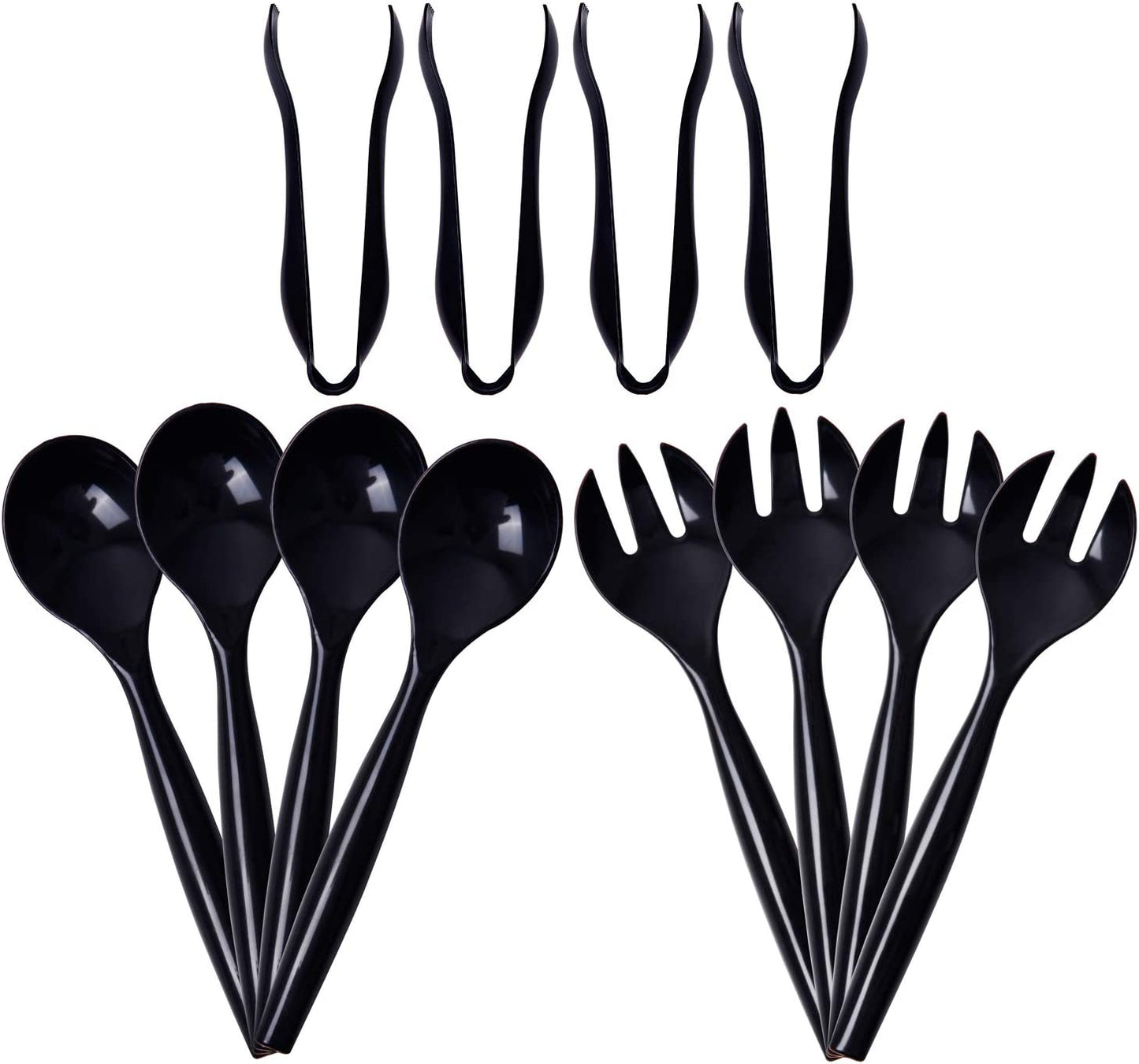 72pcs Plastic Serving Utensils Heavy Duty Disposable Serving Tongs Black Disposable Serving Set 10" Spoons 10" Forks 6" Tongs Each 24pcs