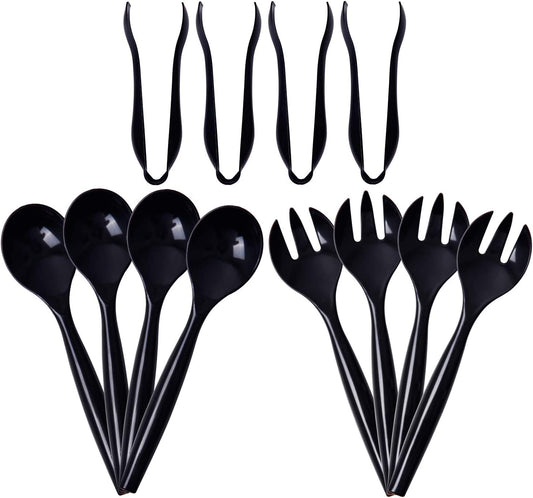 72pcs Plastic Serving Utensils Heavy Duty Disposable Serving Tongs Black Disposable Serving Set 10" Spoons 10" Forks 6" Tongs Each 24pcs