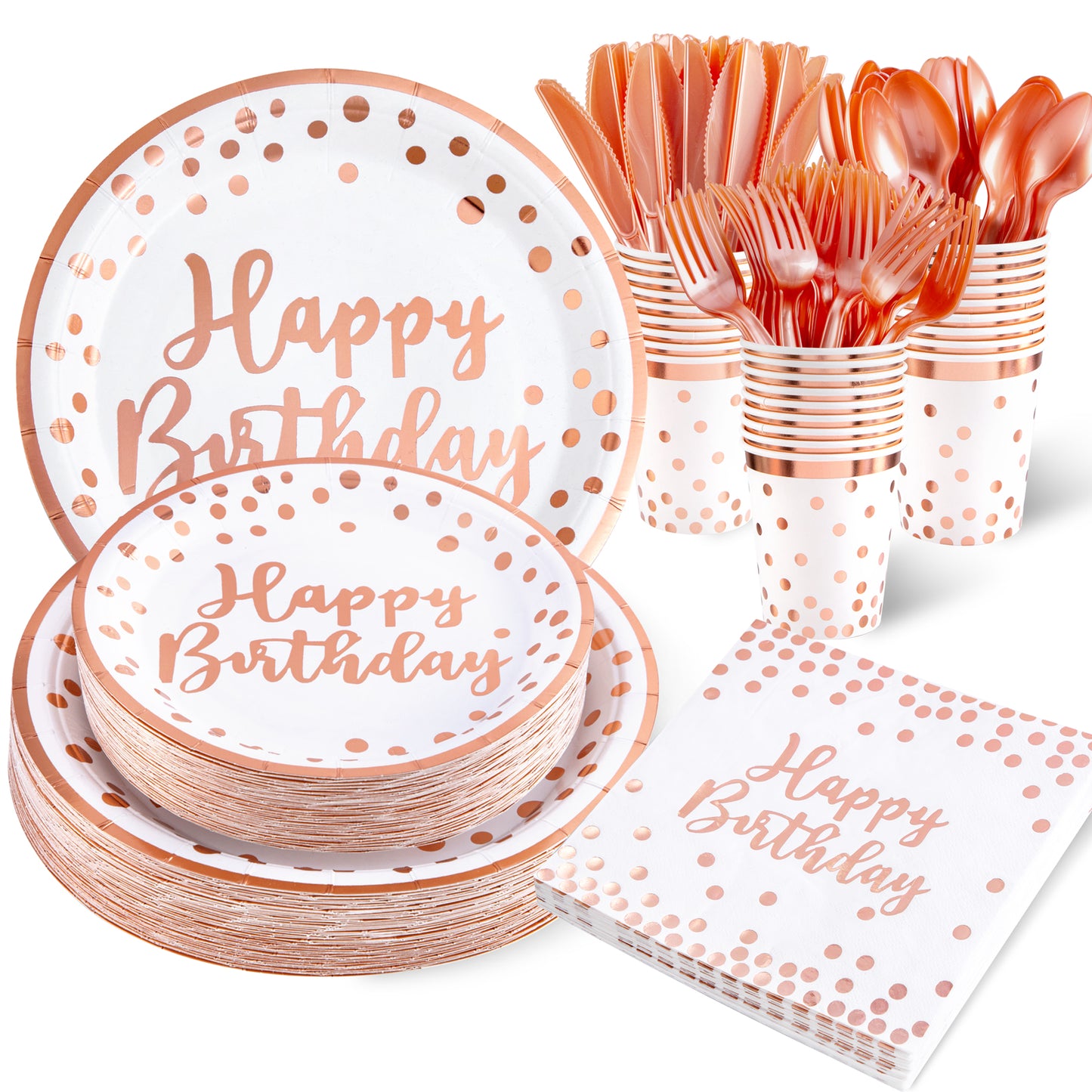 350pcs Rose Gold Plates and Napkins Party Supplies,Birthday Plates,Happy Birthday Paper Plates,Rose Gold Birthday Plates and Napkins,Cups,Forks,Knives,Spoon for Women Birthday Decorations