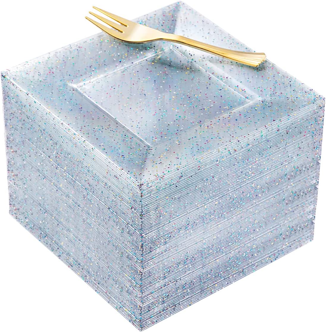 Plastic Square Plates, Glitter Design, 100pcs, 6'' Dishware, BPA Free, Reusable with Caveats, Clear