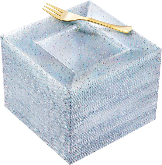 Plastic Square Plates, Glitter Design, 100pcs, 6'' Dishware, BPA Free, Reusable with Caveats, Clear