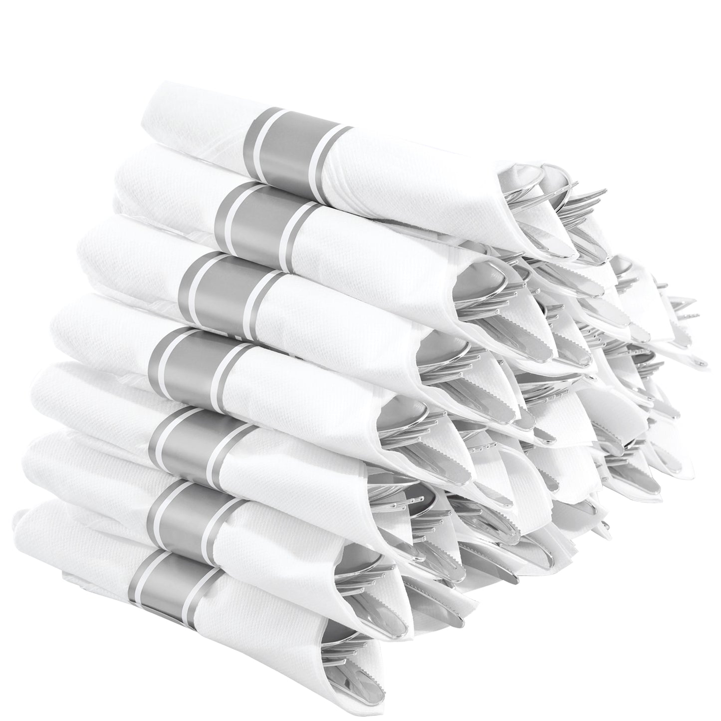 30 Pack Silver Plastic Silverware,Rolled Plastic Silverware,Pre Rolled Napkins with Plastic Cutlery Set,Wrapped Plastic Cutlery Set with Napkin,Silver Plastic Forks,Disposable Dinnerware Set