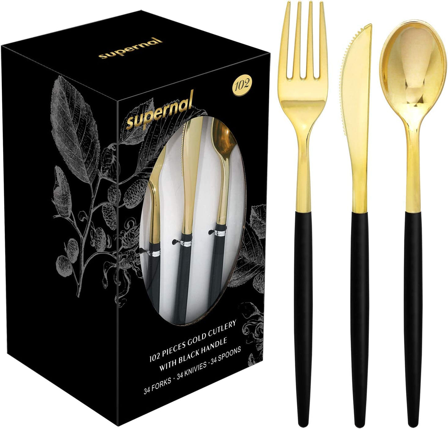 102pcs Gold Plastic Siverware,Gold Plastic Cutlery with Black Handle,Gold Plastic Flatware,Gold Forks and Spoons,34 Knives,34 Forks,34 Spoons,Great for Wedding, Party and Birthday
