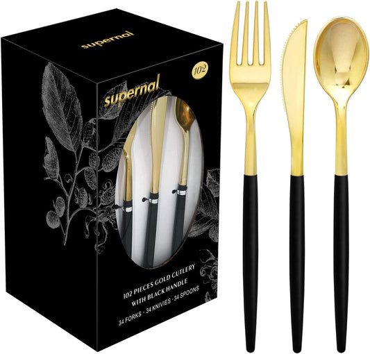 102pcs Gold Plastic Siverware,Gold Plastic Cutlery with Black Handle,Gold Plastic Flatware,Gold Forks and Spoons,34 Knives,34 Forks,34 Spoons,Great for Wedding, Party and Birthday