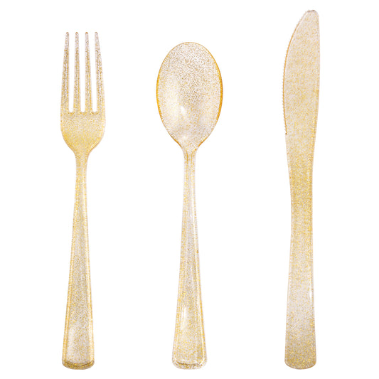 300pcs Gold Plastic Silverware,Gold Disposable Utensils,Gold Glitter Dinnerware Include 100pcs Plastic Gold Forks,100pcs Gold Spoons & 100pcs Gold Knives Perfect for Birthday, Wedding