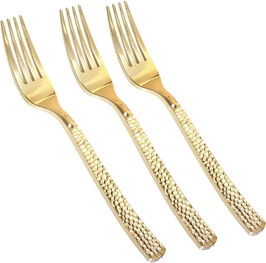 300pcs Gold Plastic Forks,Disposable Hammered Forks,Premium Heavyweight Silverware Polished,Perfect for Big Party,Catering Events,Weddings and Daily Using
