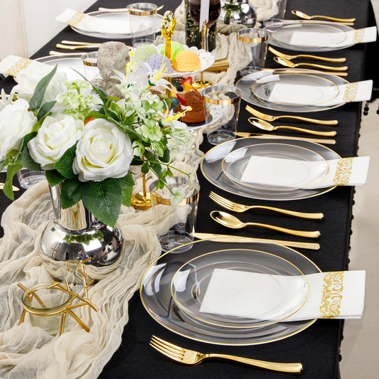 350PCS Clear and Gold Plastic Dinnerware Include Clear and Gold Plastic Plates Gold Plastic Silverware Heavy Duty,Gold Plastic Cups, Gold Napkins for Birthday Parties, Weddings