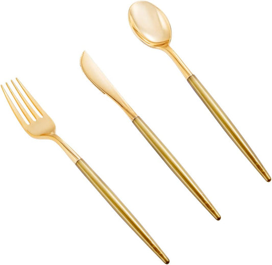 102pcs Gold Plastic Silverware,Disposable Flatware with Dark Gold Handle,Gold Cutlery,Plastic Forks and Spoons Knives,34 Forks,34Knvies,34 Spoons,Perfect for Birthday,Party,Wedding