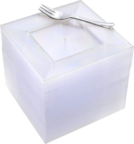 100pcs Clear Dessert Plates with 100pcs Silver Dessert Fork, Clear Square Plates, Party Essentials Appetizer Plates,Silver Plastic Silverware, Perfect Choice for Wedding and Party