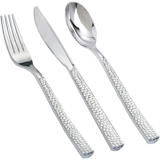 360pcs Silver Plastic Cutlery,Elegant Plastic Silverware,Silver Hammed Silverware,Disposable Plastic Flatware,Include 120 Forks,120 Knvies,120 Spoons,Perfect for Birthday,Party,Wedding