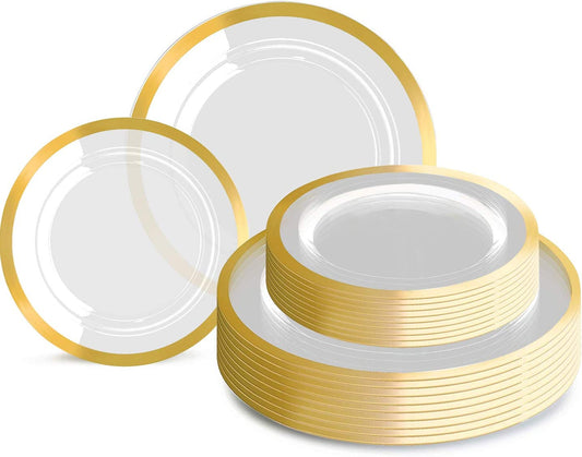120pcs Plastic Gold plates Clear Plastic Plates with Unique Design Disposable Plates Heavy Duty Includes:60 Durable Dinner Plates 10.25" and 60 Dessert Plates 7.5"