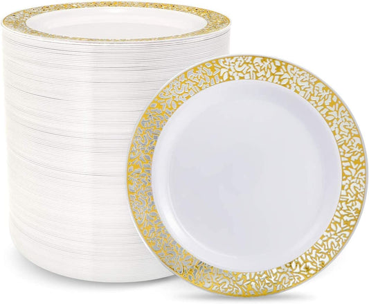 100pcs Gold Plastic Plates, 10.25" Plastic Dinner Plates, White Plastic Plates with Gold Rim,Gold Lace Plates,Gold Plastic Plates for Weddings Celebrations and Parties
