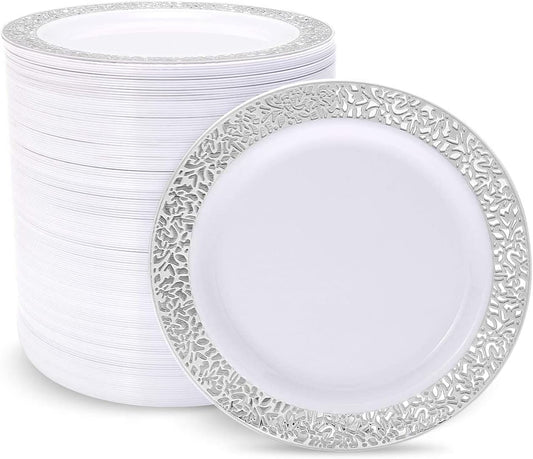 100pcs Plastic Silver Plates, 10.25" Big Party Dinner Plates, White Plastic Plates with Silver Rim，Silver Plastic Plates for Party or Wedding, Silver Lace Plates