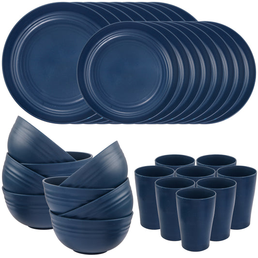 Wheat Straw Dinnerware Sets, Dinnerware Sets for 8, Plates and Bowls Sets, Reusable Dinnerware Set, Microwave Dishwasher Safe, Blue Plastic Dinnerware Sets 16pcs Plates, 8pcs Bowls, 8pcs Cups