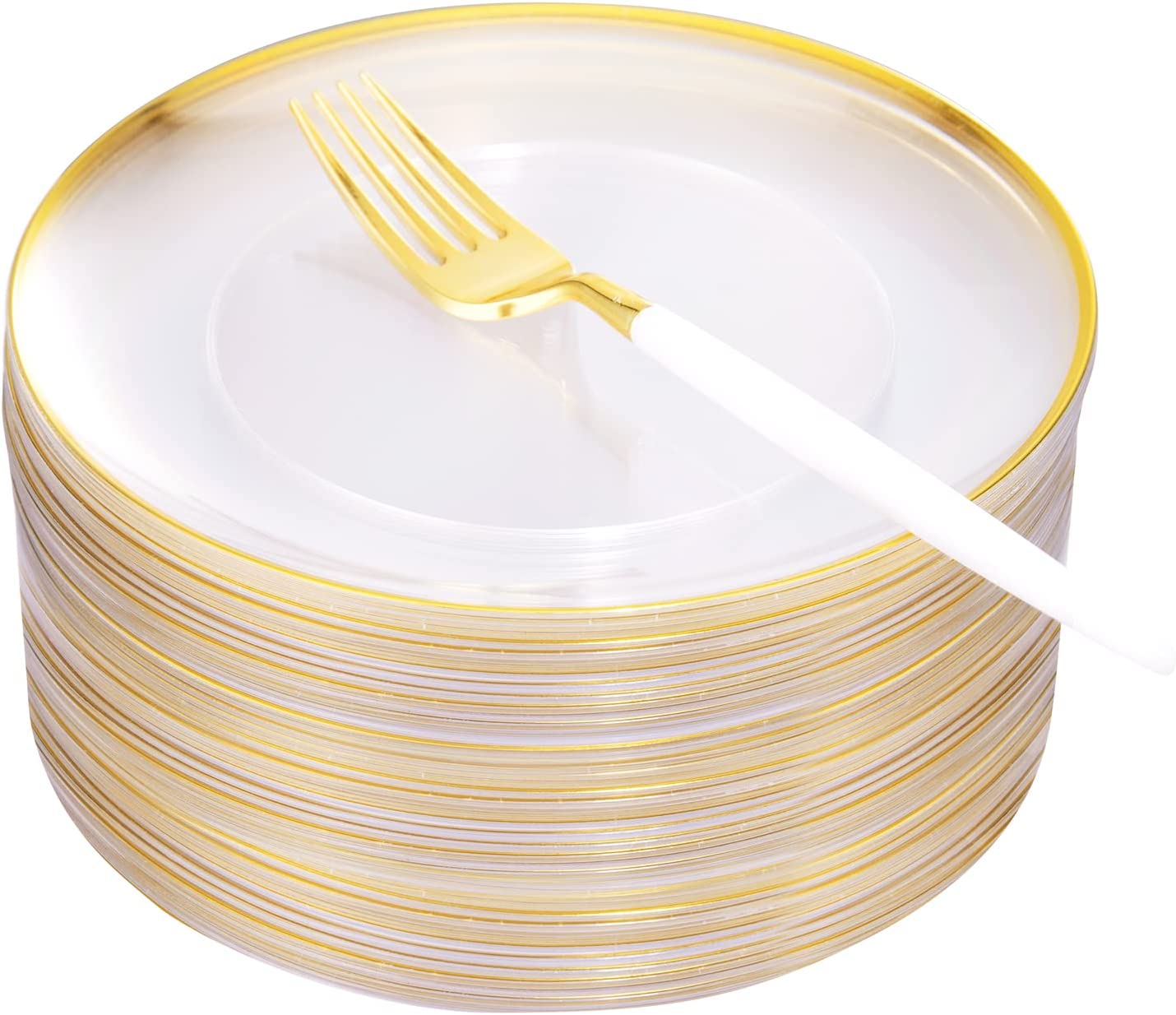 96pcs Dessert Plates Set Include 48pcs Gold Plastic Dessert Plates,48pcs Gold Dessert Forks,Disposable Clear Appetizer Plates 7.5", Perfect for Parties or Weddings