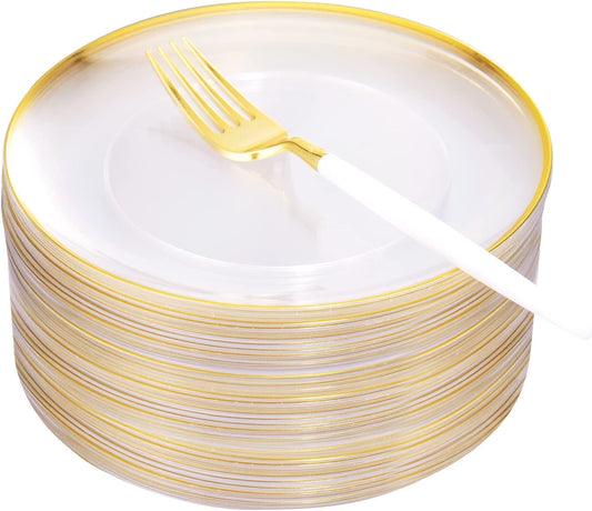 96pcs Dessert Plates Set Include 48pcs Gold Plastic Dessert Plates,48pcs Gold Dessert Forks,Disposable Clear Appetizer Plates 7.5", Perfect for Parties or Weddings