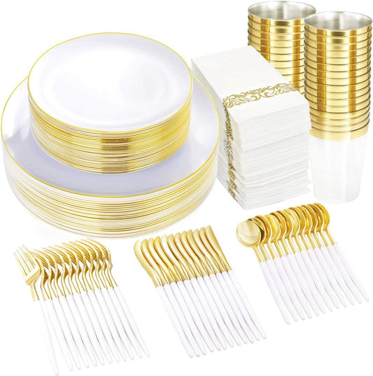 350pcs Gold Plastic Dinnerware Set,Gold Plastic Silverware with White Handle,Disposable White Plastic Plates for Party or Wedding,Clear Cups,Gold Rim Napkins