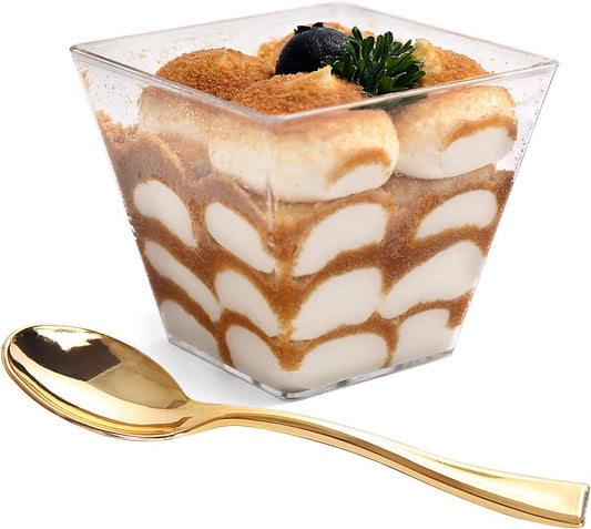 100pcs Square Plastic Dessert Cups (4oz) with 100pcs Mini Gold Plastic Spoons, Plastic Parfait Appetizer Cup, Medium Clear Dessert cups Perfect for Cakes, Ice Cream, Desserts Appetizers