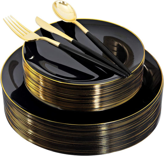 150pcs Black Plastic Plates, Black and Gold Plastic Plates,Gold Plastic Silverware,Black and Gold Dinnerware Set,Premiun Plastic Taleware,Perfect for Birthday,Party,Wedding,Anniversary