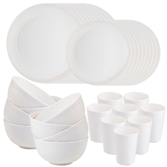 32pcs Wheat Straw Dinnerware Sets, White Dishes for 8, Plates and Bowls Sets, Reusable Plastic Plates, Microwave Dishwasher Safe Plates, White Plastic Dinnerware Set, White Plastic Plates